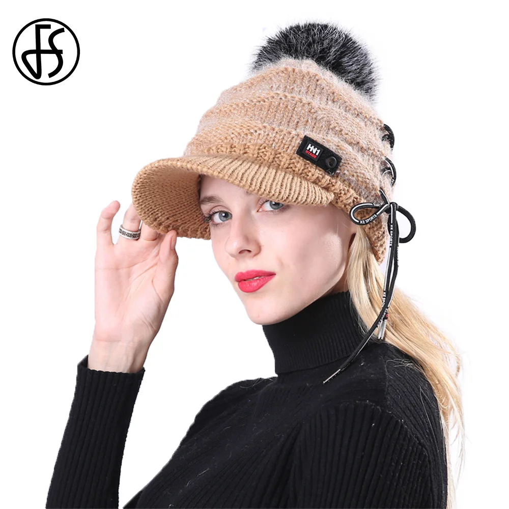 FS Pom Beanie шляпы для женщин зима Мех животных помпоном Skullies шапочки плюс бархат веревки дизайн вязаный Бейсбол кепки