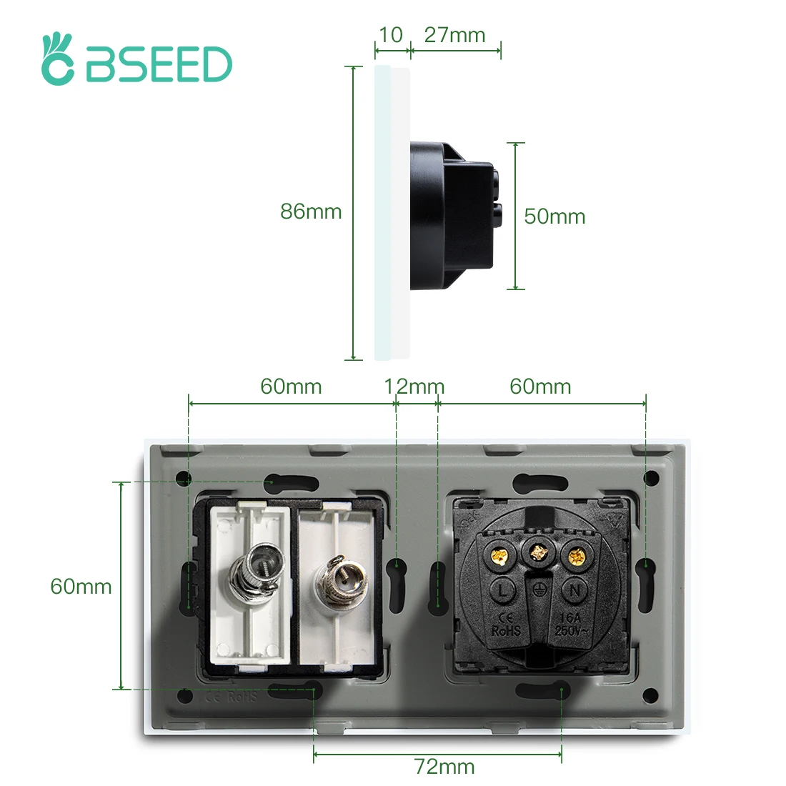 BSEED EU 표준 벽 전원 소켓 TV 위성 포트 16A 콘센트 플러그 안테나 텔레비전 크리스탈 유리 패널 250V