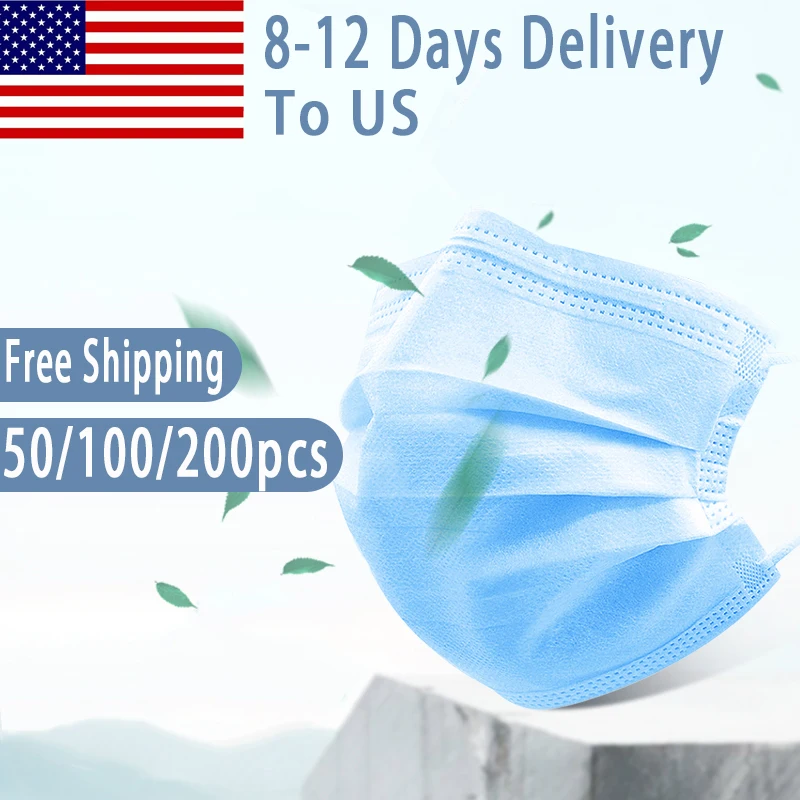 

50/100/200 Pcs Three-layer disposable protective mask Adult dustproof and anti-fog blue mask Non-woven face shield