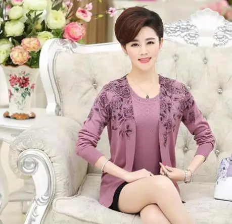 Мода осень зима мать из двух частей набор blusa tricot женщин среднего возраста вязаный свитер Женский Плюс Размер кардиганы S1137