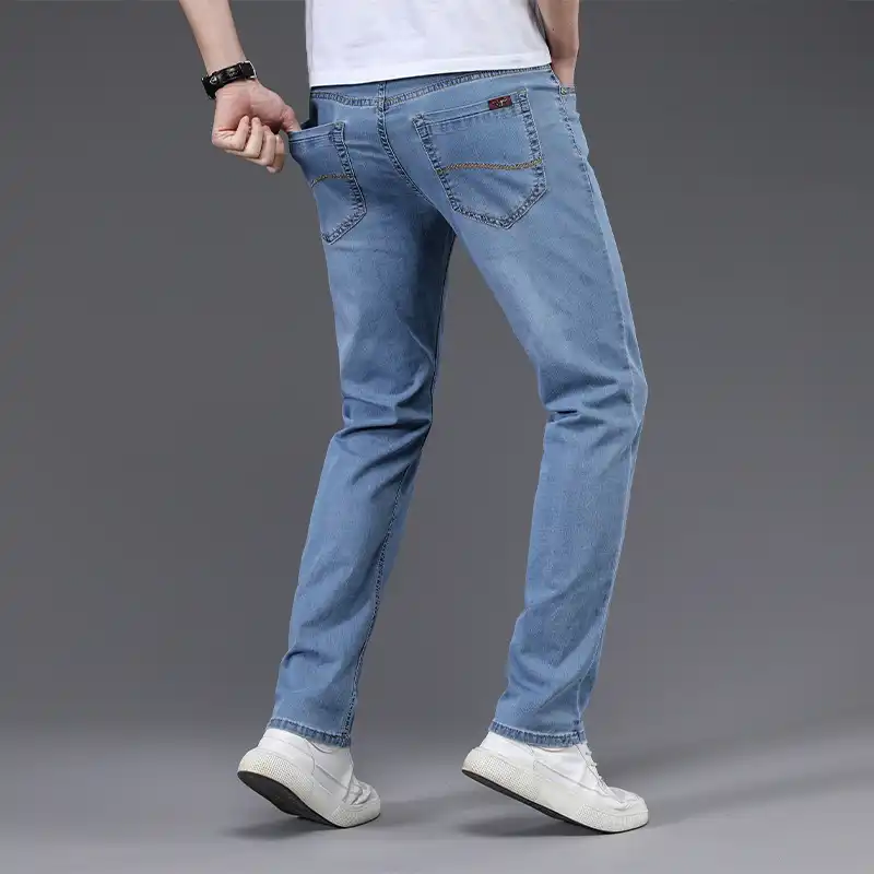 夏新メンズストレッチフィット薄型ジーンズビジネスカジュアル古典的なスタイルのファッションデニムズボン男性ライトブルーグレーパンツ Jeans Aliexpress