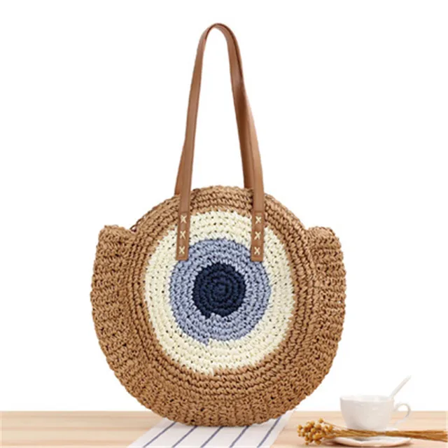 Large Capacity Round Zipper Fashionable Straw Woven Bag Handmade Summer Beach Travel Holiday Women Bags 1 brown