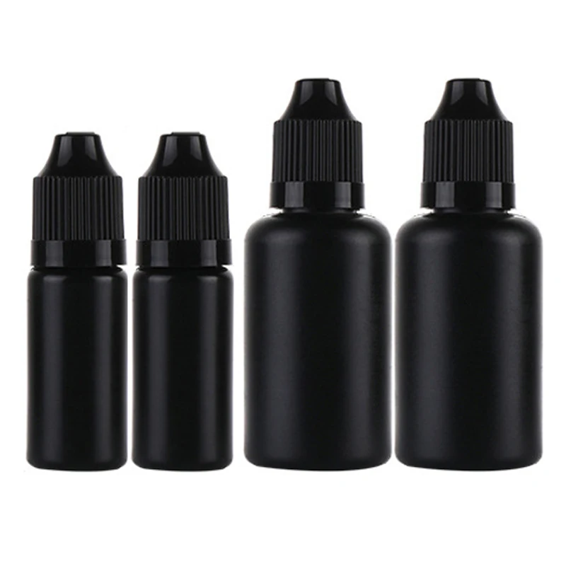 100pcs 10ml 30ml Black PE Refillable Bottles With Childproof Cap And Long Thin Tips  Empty Vials