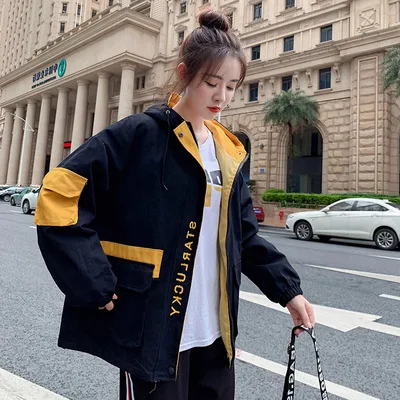 black thin Женские куртки с капюшоном, осенне-зимние пальто, новые корейские BF Harajuku свободные хлопковые куртки, бейсбольная форма, верхняя одежда для девочек xa358 - Цвет: black thin