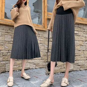 

A Line Pleated Maternity Skirts High Waist Adjustable Belly Loose Skirts Clothes for Pregnant Women Autumn Winter