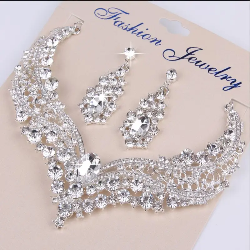 

Ceremony Bridal Crystal Earrings Statement Bib Necklace Jewelry Gift Set for Women Y4QB