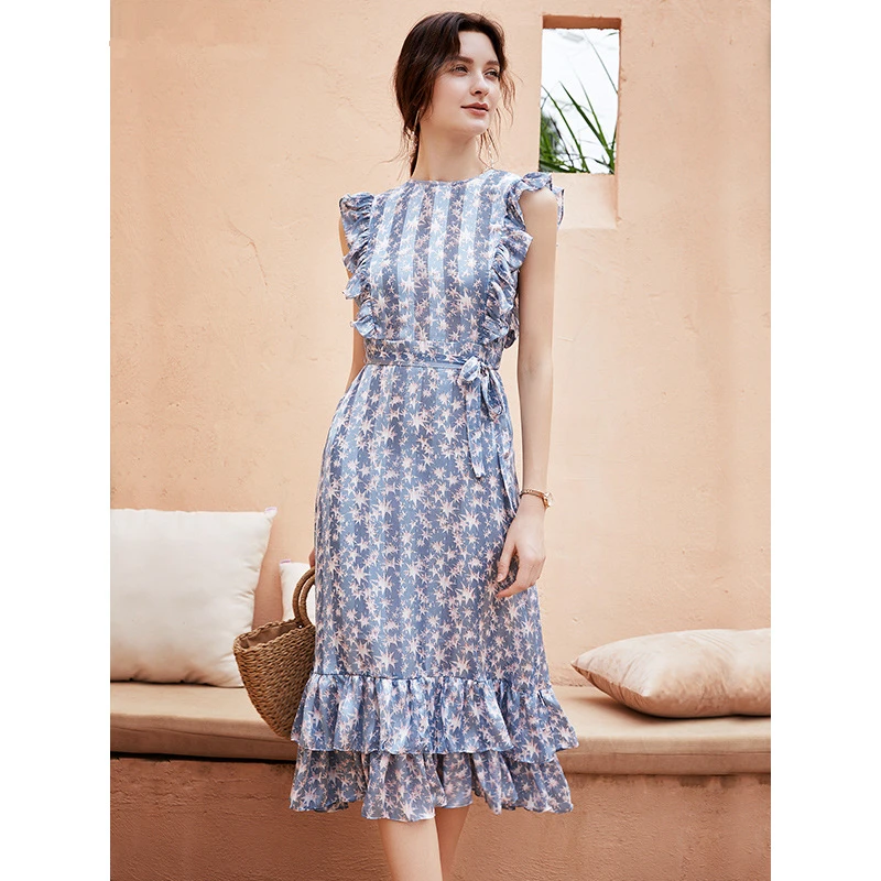 Chiffon Jurk Blue Star Printing Ruches Mouwloze Vrouwen 2019 Zomer Nieuwe Vakantie Skinny A-lijn Strik Elegante Mid-Kalf comfort Chiffon Jurk Blue Star Printing Ruches Mouwloze Vrouwen 2019 Zomer Nieuwe Vakantie Skinny A-lijn Strik Elegante Mid-Kalf comfort