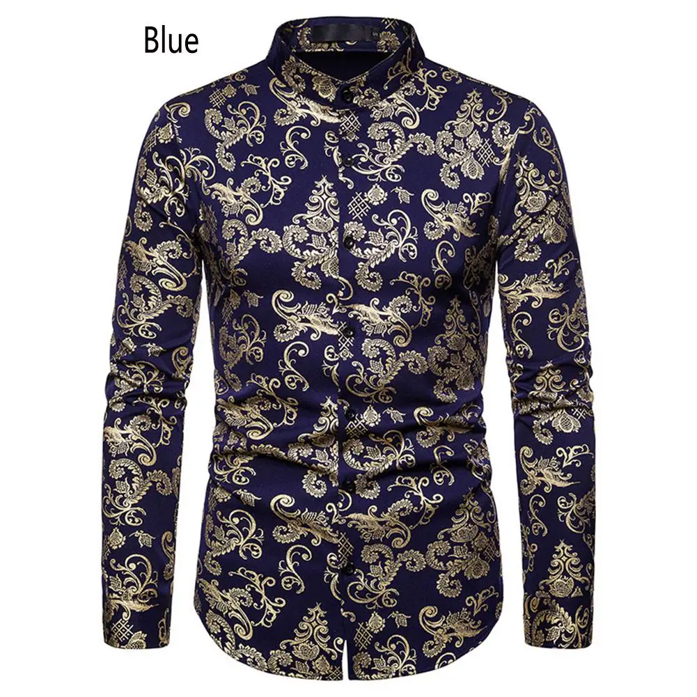 Navy blue Мужские рубашки с золотым принтом, модные элегантные рубашки с длинным рукавом, рубашки с золотым тиснением и стоячим воротником, мужские рубашки s Camisa Masculina - Цвет: Navy blue