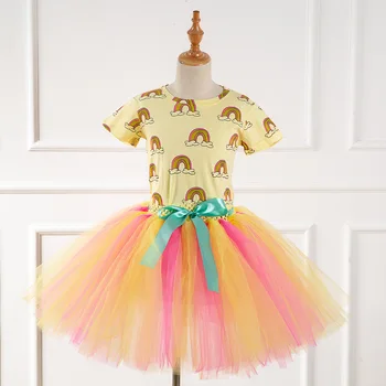 

Cute Yellow Cartoon T shirts+ Skirts Set Rainbow Cartoon Printed Baby Girls Clothes Set Children Kids Girls Clothes for Summer