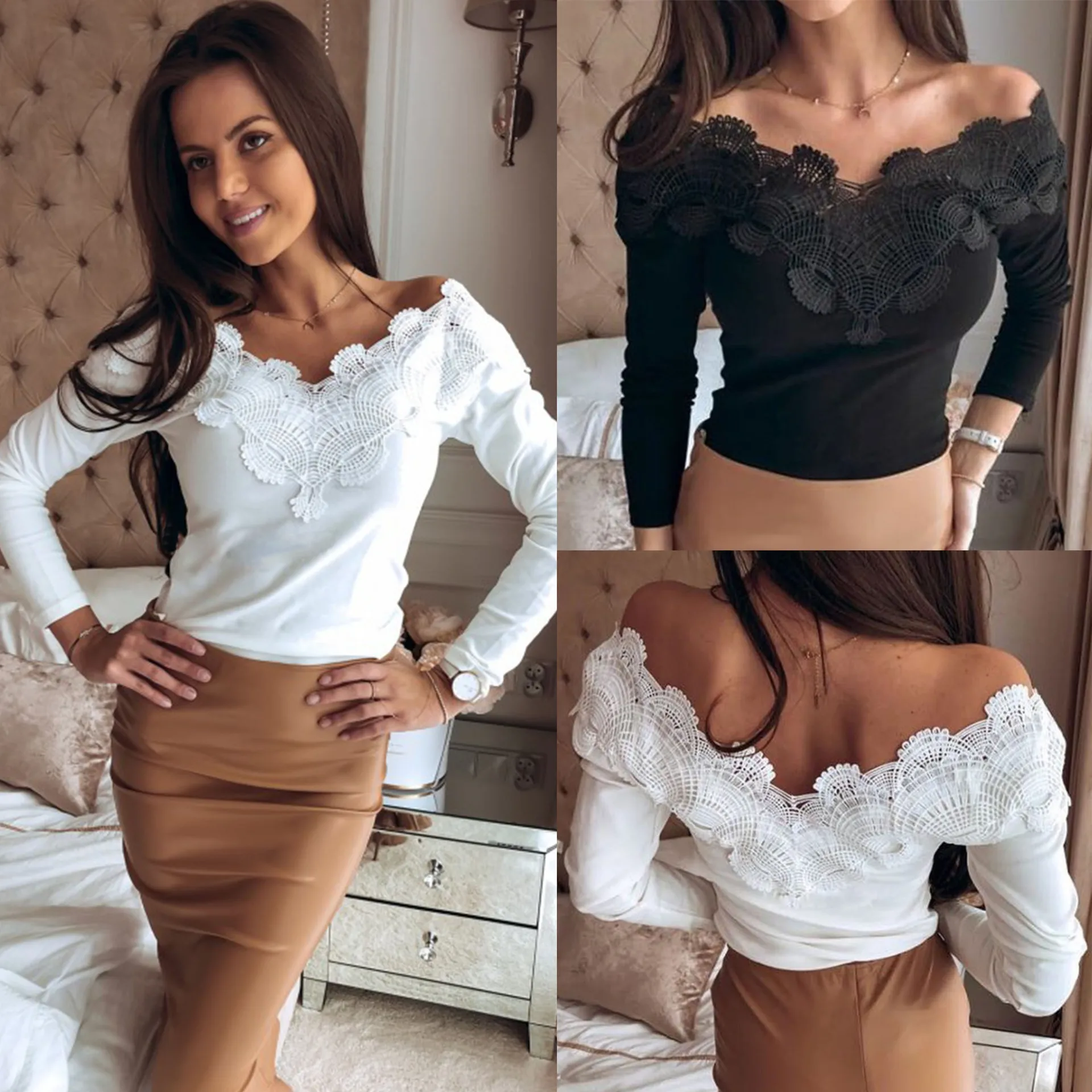 

2019 Fashion Sexy Low Cut Off Shoulder Lace Black White Long Sleeve Women Blouse Sexy Tops and Shirt Off Shoulder Top