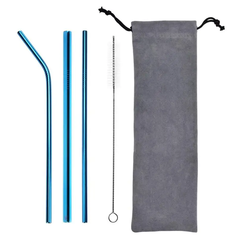 5pcs Stainless Steel Portable Drinking Straws Set Household Bar Kitchen Supplies Portable Travel Drink Tableware - Цвет: Blue