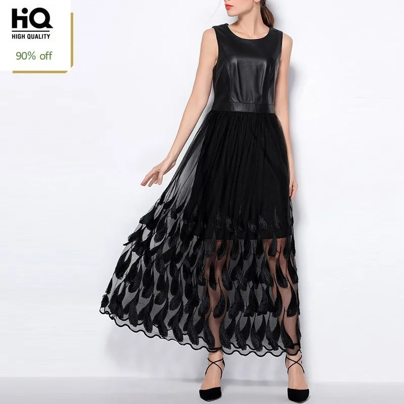 

Sheepskin Genuine Leather Womens High Waist Gauze Dress Lace Patchwork Sleeveelss OL Robe Spring Elegant Fashion Feather Vestido