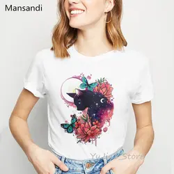 Черная кошка Сфинкс бабочки цветы олень футболка женская летняя футболка с принтом животных Женские футболки mujer футболка