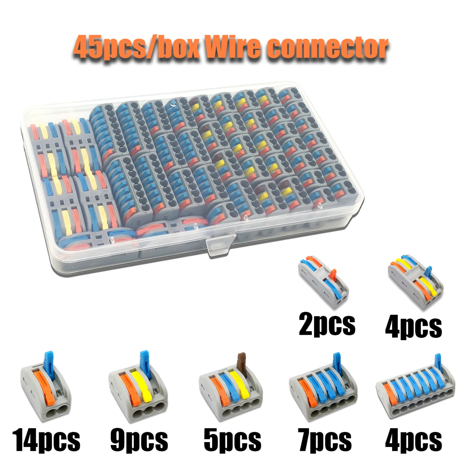 

45pcs/box wire connector set box universal compact terminal block lighting wire connector for 3 room hybrid quick connector