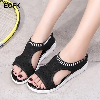 

EOFK Summer Women's Ankle-Wrap Sandals Mesh Breathable Casual Elastic Comfort Slip-on Flat Ladies Sandals Large Size 42 44
