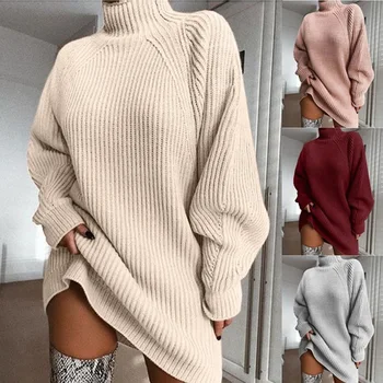 

Kamucc Turtleneck Long Sleeve Sweater Dress Women Autumn Winter Loose Tunic Knitted Casual Pink Gray Clothes Solid Dresses 4Size