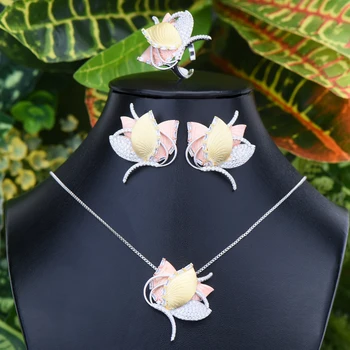 

Exclusive bridal jewelry sets Flower Shape Cubic Zirconia Indian Wedding Necklace Earrings Resizable Ring Jewelry Sets For Women