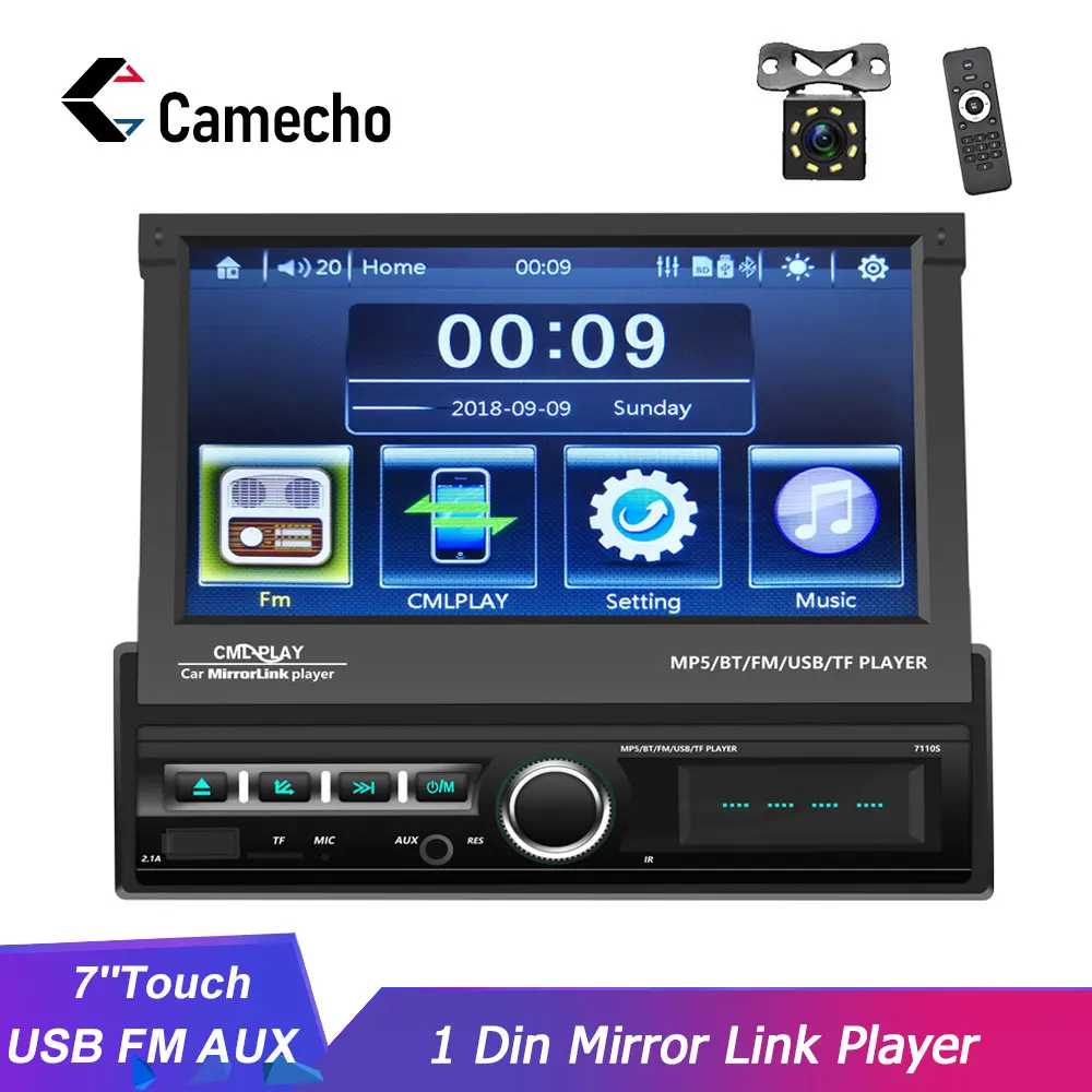 Camecho 1 Din автомобильное радио Bluetooth зеркало ссылка Автомобильный мультимедийный плеер сенсорный экран Выдвижной MP5 плеер USB аудио стерео радио