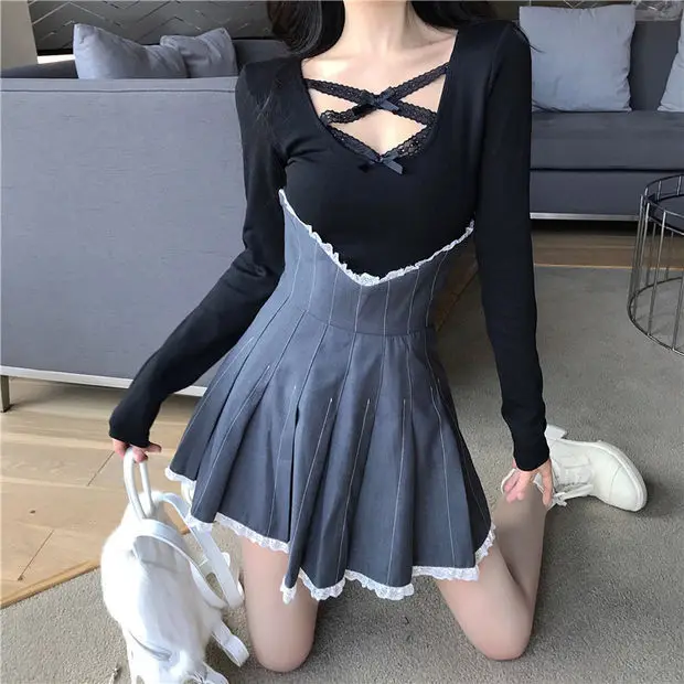 Женская Сексуальная мини-юбка с высокой талией в стиле пэчворк, контрастная белая кружевная плиссированная мини-юбка, бодикон Kawaii, Корейская уличная одежда для девочек, модная милая Лолита