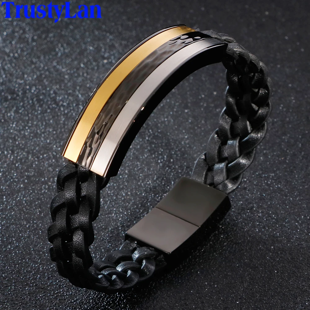 

13MM Wide Braided Genuine Leather Bracelet Man Gold/Silver/Black Stainless Steel Mens Bracelets Hip Hop Massive Jewelry Male New