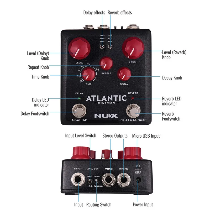 NUX Atlantic NDR-5 гитарная педаль реверберации с задержкой несколько эффектов 3 пластины реверберации мерцающий эффект стерео звуковой усилитель для гитары