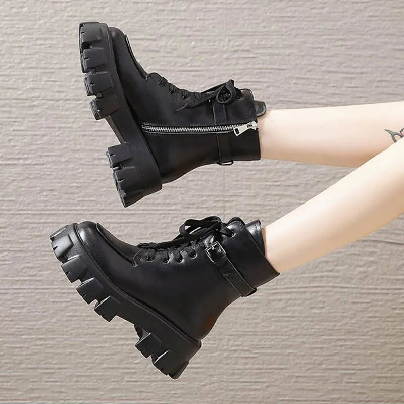 Botas de media caña de cuero para mujer, botines con Mini bolsillo, a la  moda, estilo urbano, alta calidad|Botas hasta el tobillo| - AliExpress