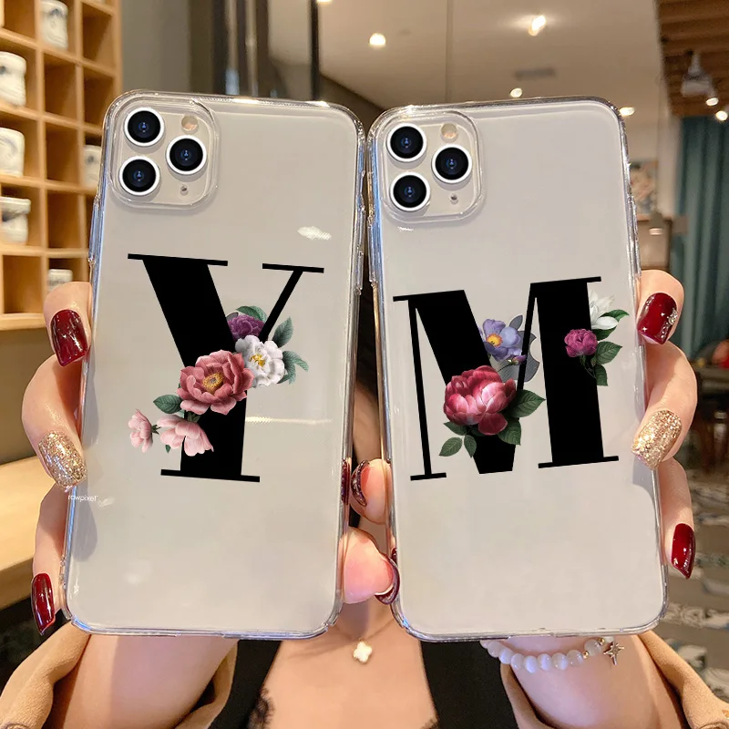 

Flower 26 English Name Letters Custom Initial Silica shell for iphone 11 11pro 11promax xr x xsmax 6 7 8 SE 5 Transparent case