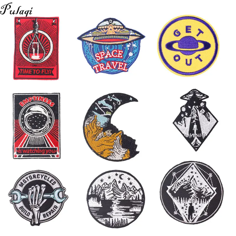 

Pulaqi Punk Travel Patch Iron On Patches For Clothing Embroidered Badges Patch Adventure UFO Sticker Applique On Clothes Stripes