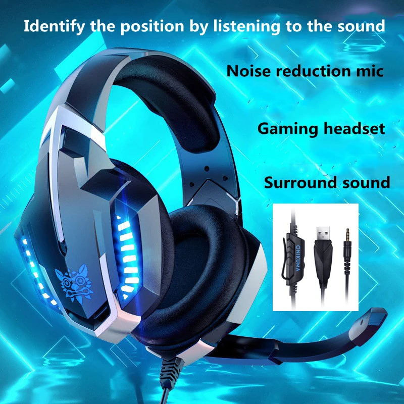 New K18 head mounted wired gaming headphone noise cancelling microphone bass music headset with LED light effect