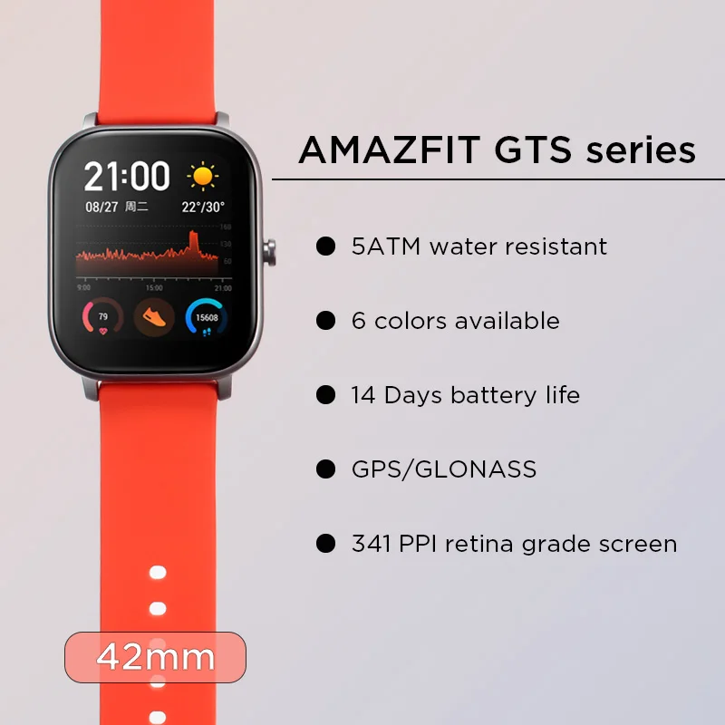 Смарт-часы Amazfit GTS, черные, 5 АТМ, водонепроницаемые, для плавания, умные часы, 14 дней, батарея, MusicControl, для Android, для ios, globalversion