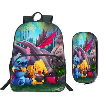 

Pikachu How to Train Your Dragon Stitch School Bags Fashion Colourful Pattern Schoolbag Beautiful Students with Pencil Case