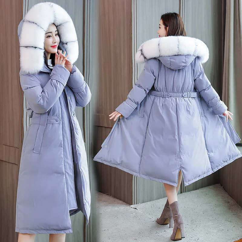 

2019 Winter New Style Cotton Coat Mid-length Korean-style Loose-Fit Large Fur Collar over-the-Knee Hooded Cotton-padded Clothes