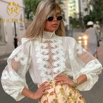 

2020 Spring Summer Lace Shirt Bow Tie Stand Neck Women Elegant Blouses Lantern Sleeve Solid Pullover Shirts Hollow-out Blusas