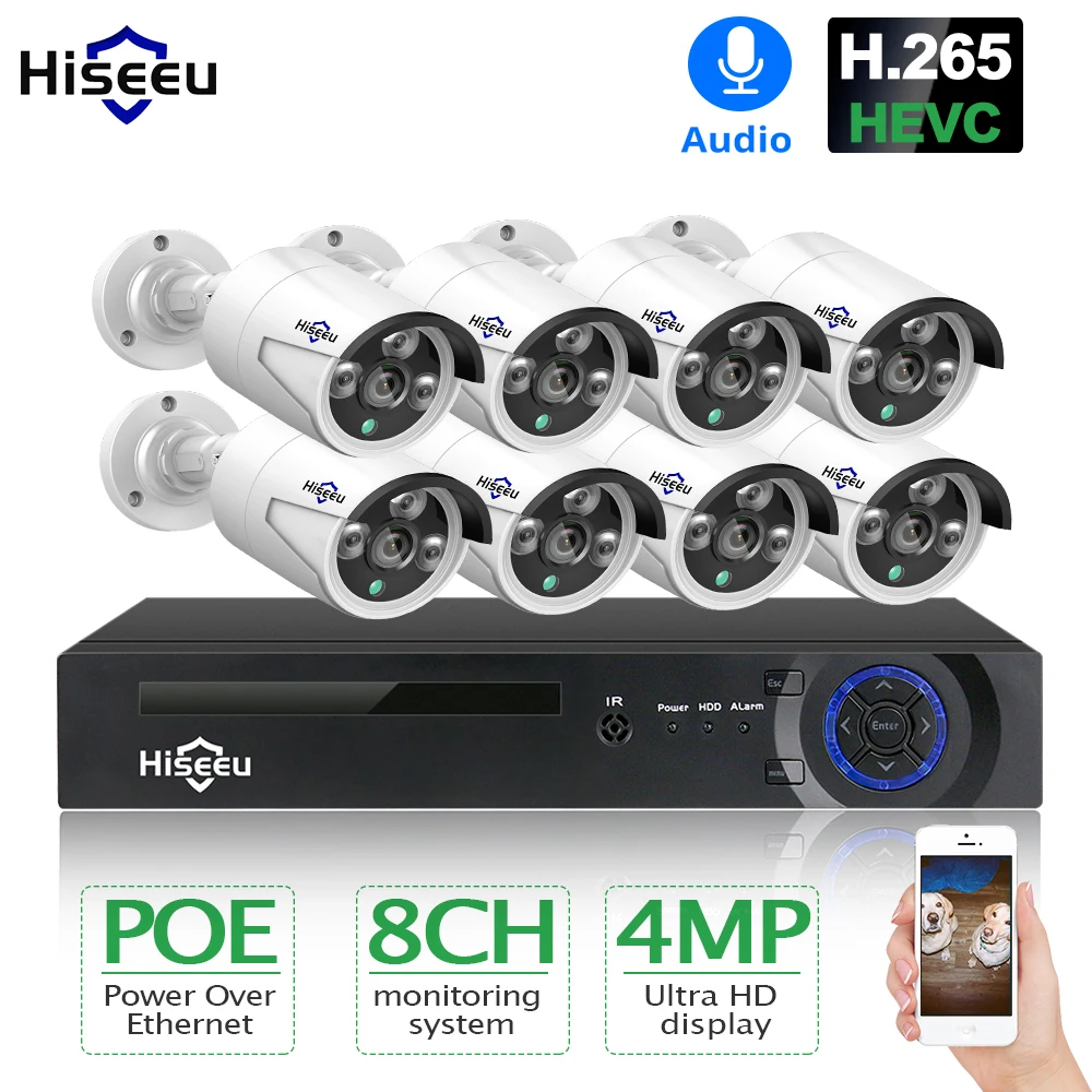 Comprar Hiseue H.265 8CH 4MP POE sistema de cámara de seguridad Kit de grabación de Audio IP Cámara IR al aire libre impermeable CCTV Video Vigilancia Conjunto NVR