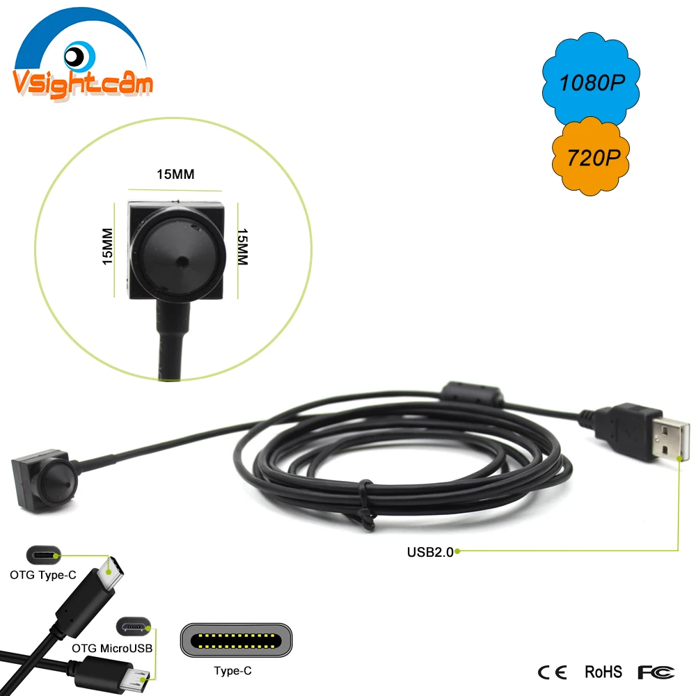 Yuy2 30Fps Mini Usb Camera 3.7Mm Pin Hole Lens Hd Webcam Uvc Driverless 2.0Mp 1080P Camera Per Pc Laptop Tab Conferenza Webcast