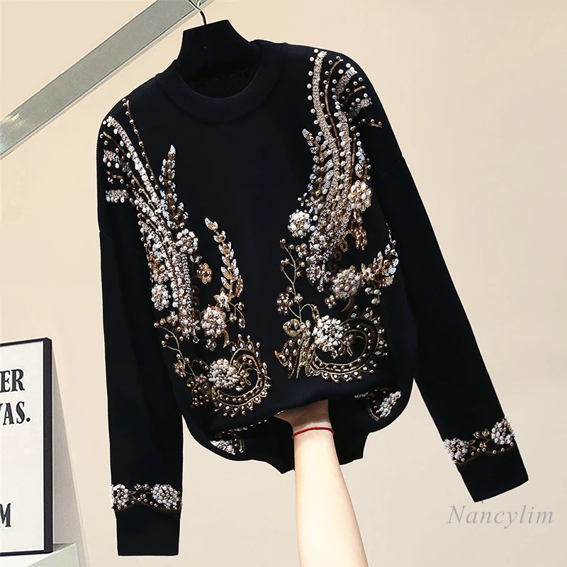 Studded Beaded Petal Pullover Knitting Sweater