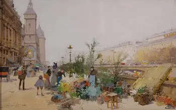 

10 Hand Painted Art Paintings by College Teachers - flowers market Galien Eugene Paris cityscape - Oil Painting on Canvas