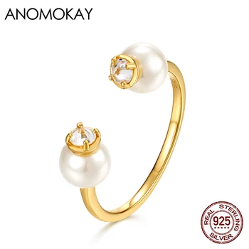 

Anomokay Set with Round Pearl Open Gold Color Ring 100% Sterling 925 Silver Adjustable Ring for Women Girl Birthday Party Gift
