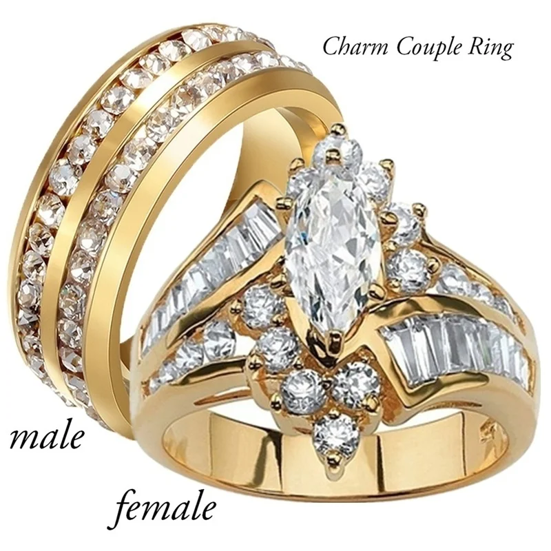 Couple Rings Rhinestones Crystal Zircon Men Stainless-Steel Double-Row Gift Geometric
