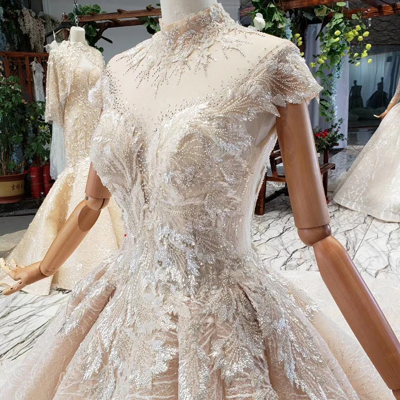 HTL726 ball gown wedding gown for women high neck short sleeve floor length wedding dress with sleeves vestido de noiva civil