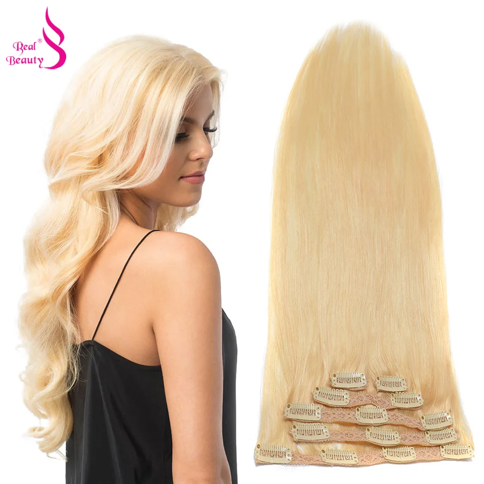 Real Beauty-extensiones de cabello humano Remy, pelo liso brasileño, cabeza completa, doble trama, 70g a 140g