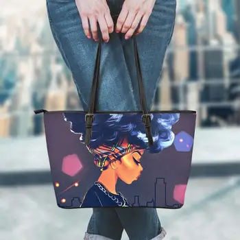 

ELVISWORDS Black African Girls Art Printed Women Large Tote Bag Luxury PU Handbag 2020 Casual Street Shoulder PU Bag for Lady