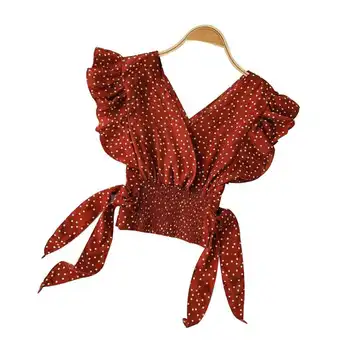 

Korean version of sweet polka dot V-neck Feifei sleeves elastic pleated waist tie bow tie short section chiffon shirt female
