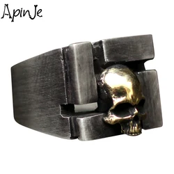 Apinje Skull Ring for Men 925 Silver Rings Golden Skeleton Head Brass Rock Man Jewelry