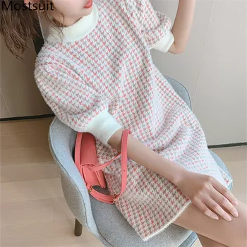 

2020 Spring Houndstooth Knitted Women Dress Lantern Short Sleeve O-neck Mini Dresses Korean Fashion Vintage Female Vestidos