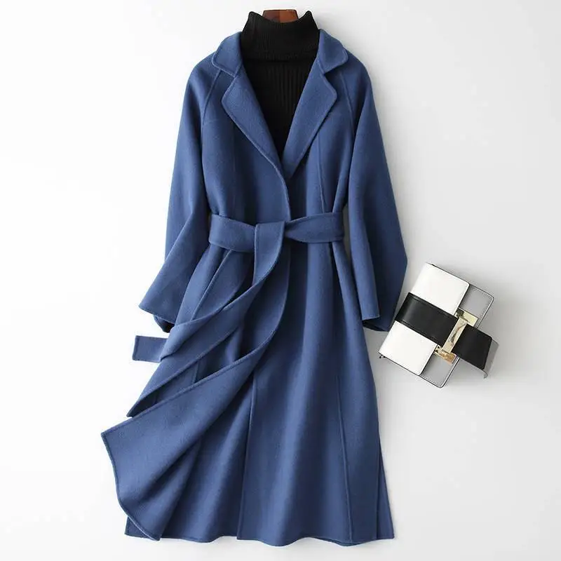 

2019 New Autumn Winter Women Cashmere Slim Belt Wool Blend Long Coats Female Warm Thick Casual Woolen Jacket Casaco Feminino J48