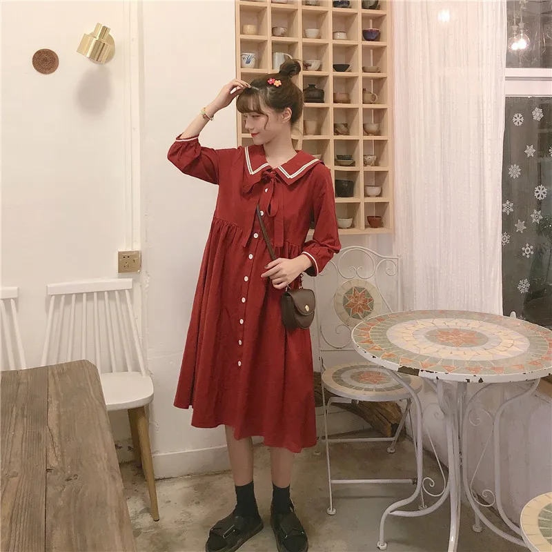 Милое красное платье в стиле Лолита преппи с темно-синим воротником и белыми