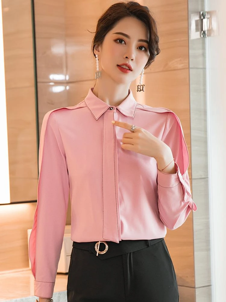 Blusa rosa de manga larga para mujer, camisa Formal de oficina, ropa de  trabajo de negocios, novedad - AliExpress
