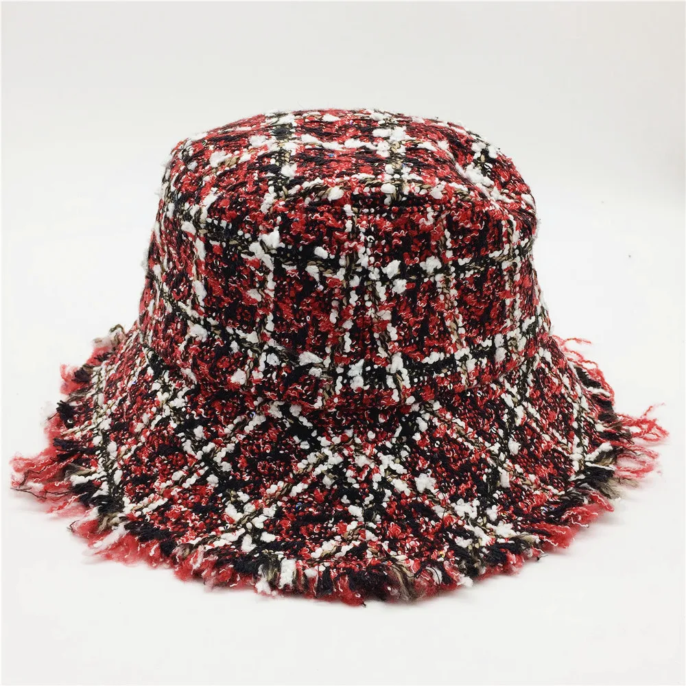 

Women Plaid Tweed Bucket Hat with Mini Sequins Ladies Girls Black and Red Checks Hats with Raw Edges Female Warm Winter Hats