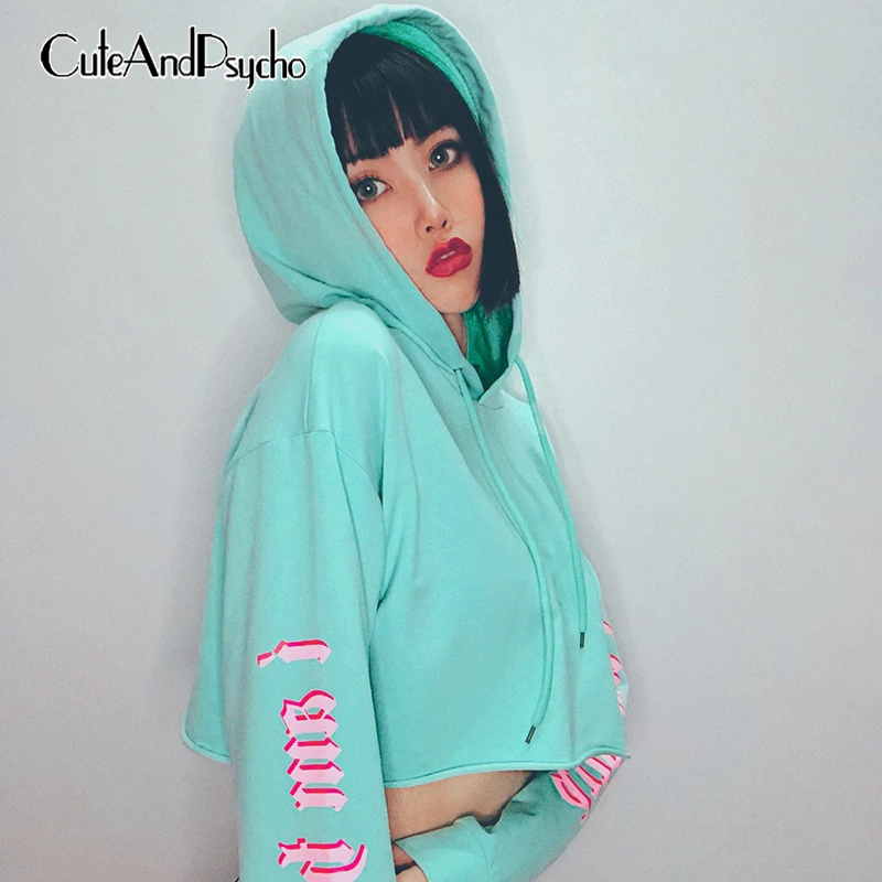 

Long Sleeve Drawstring Short Sweatshirts Hoodie Letter Printed Cropped Tops Hoodies Women Ladies Autumn Green 2019 Cuteandpsycho